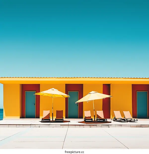 Minimalist Yellow Building with Blue Doors and Umbrellas