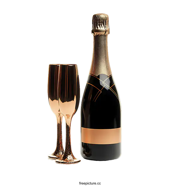 [Transparent Background PNG]Copper Champagne Bottle and Glasses Celebration