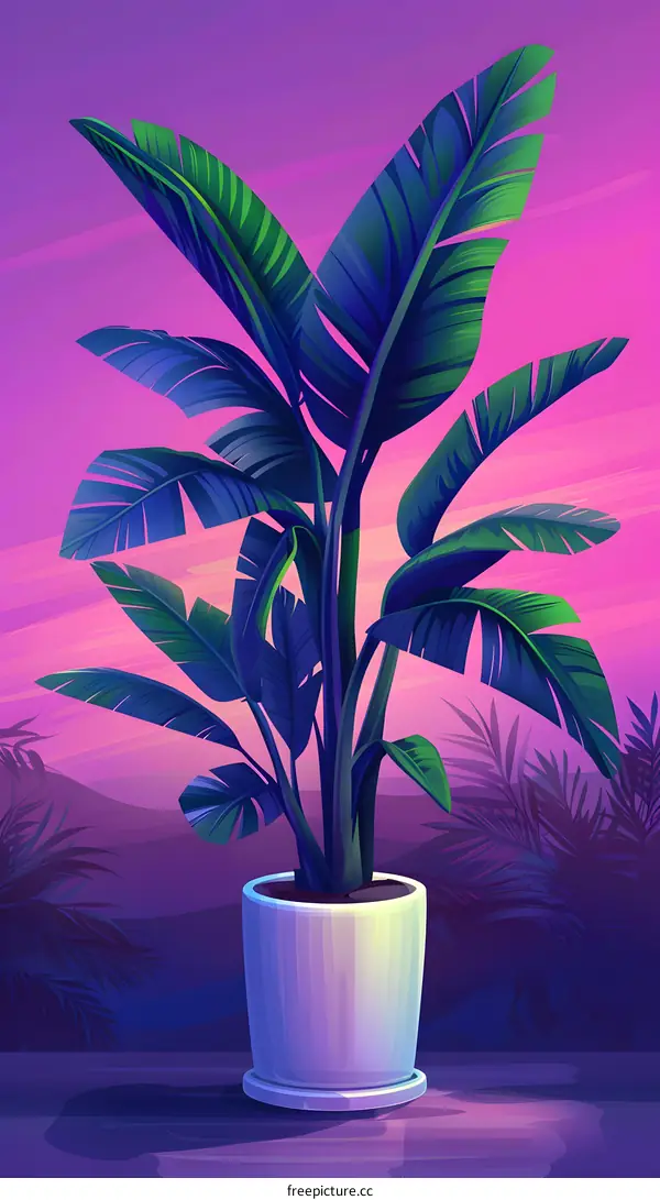Tropical Plant in a Pot Against a Purple Sunset