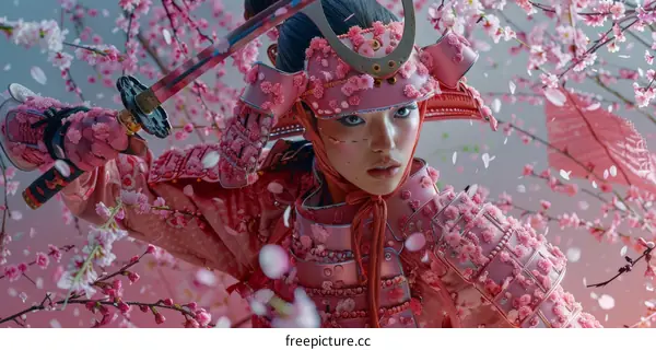 A samurai woman, with her sword sheathed, in pink armor stands in a field of cherry blossoms.