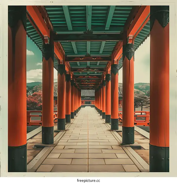 Red Columns and Wooden Roof Architecture in Japan