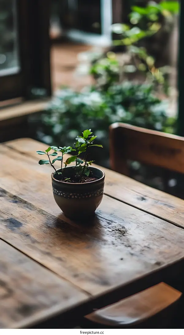 Small Potted Plant on Wooden Table