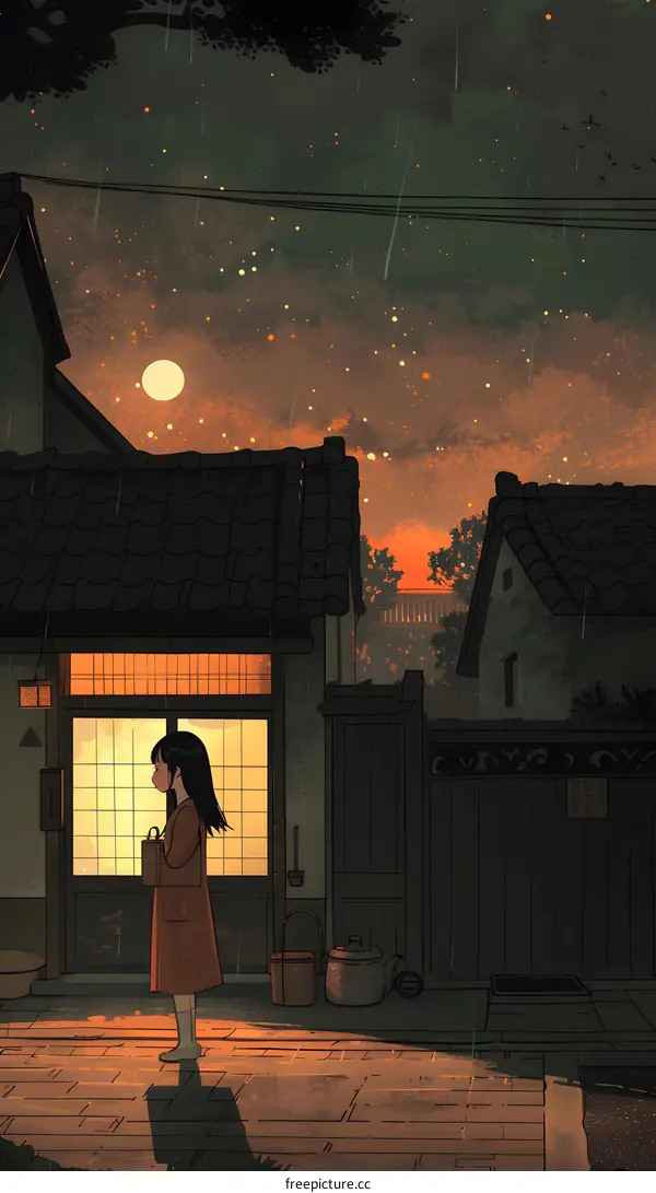 Girl Walking Home in the Rain With Sunset