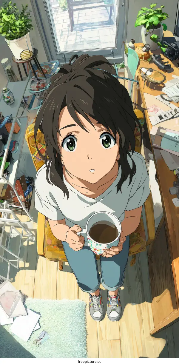 Anime Girl Drinking Coffee in a Cozy Room