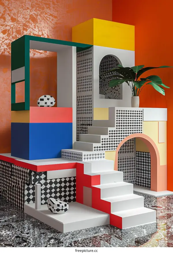 3D rendering of a colorful and geometric room with stairs, platforms, and a potted plant