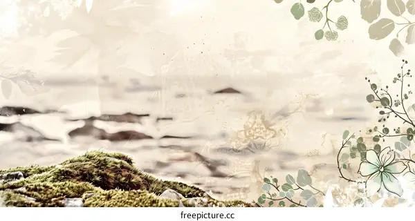 Vintage Floral Watercolor Background with Green Leaves and Moss