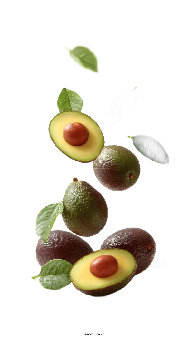 [Transparent Background PNG]Fresh Avocado Slices with Green Leaves