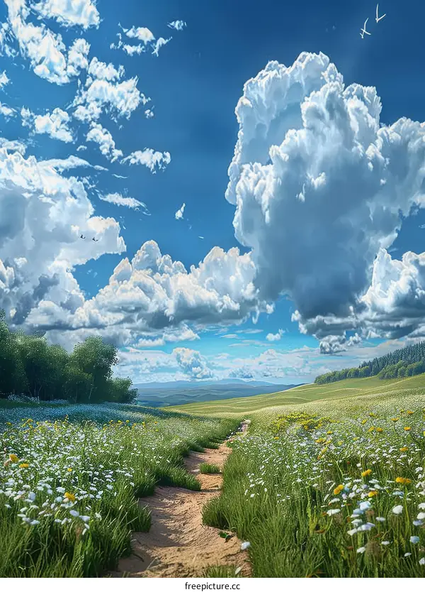 Blooming Flowers on a Hillside Path