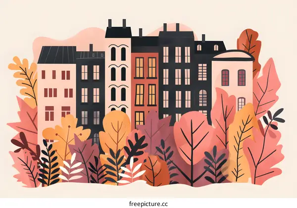 Autumn Cityscape Illustration with Houses and Trees