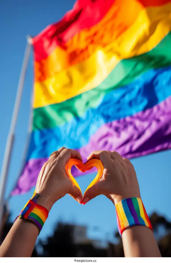 A person making a heart shape with their hands in front of a rainbow flag