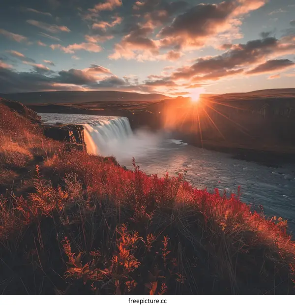 Sunset at a waterfall in Iceland