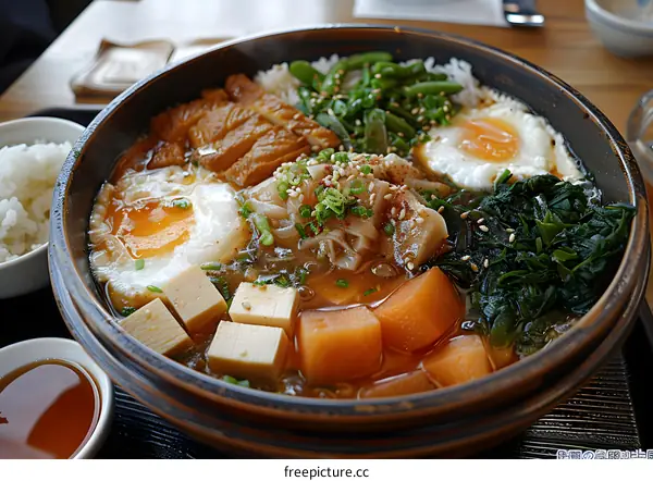 A delicious Japanese dish with rice, vegetables and egg