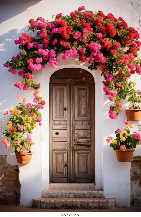 A wooden door with a pink and red flower arch