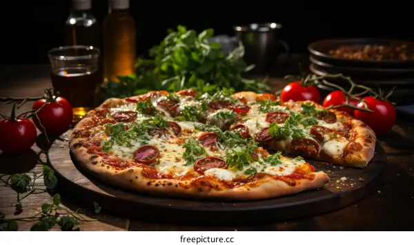 A delicious pizza sits on a table, ready to be eaten