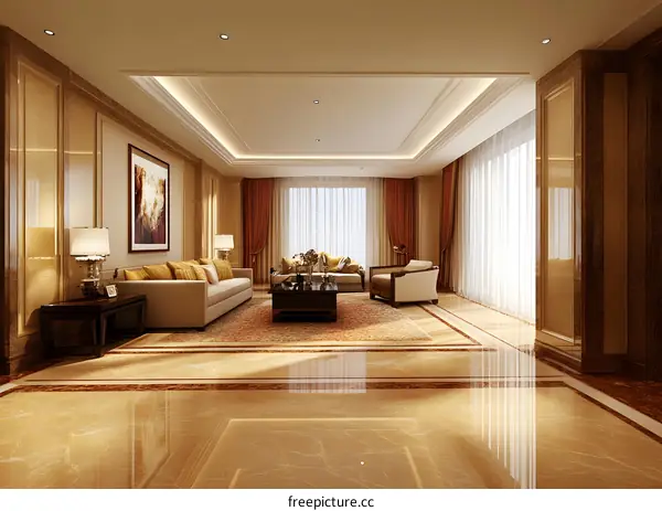 Modern Luxury Living Room Interior Design with Beige Sofa and Marble Floor