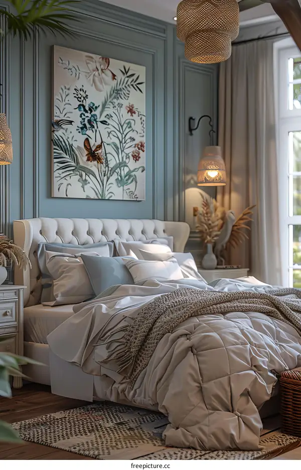 Elegant Bedroom with Floral Artwork