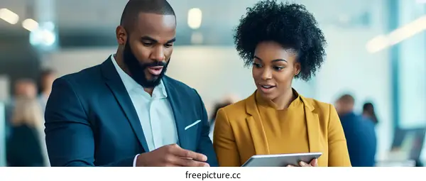 Two African American Business Professionals Collaborating On A Tablet