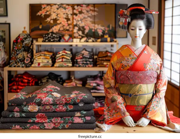 A traditional Japanese kimono with floral patterns and a mannequin wearing it