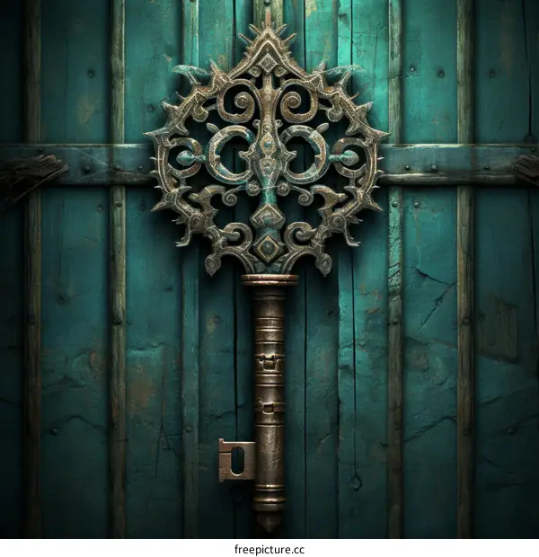 ornate rusty key with a blue wooden background