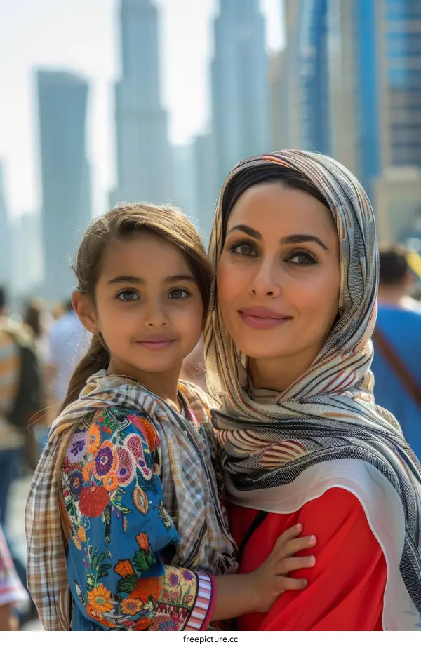 A mother and her daughter are standing in front of a city skyline.