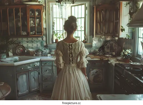 A woman standing in a kitchen wearing a white dress