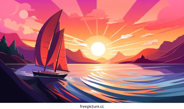 Pink sunset over calm sea with red sail boat