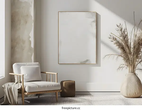Minimalist Living Room with Beige Chair and Dried Flowers