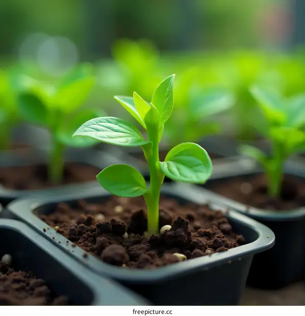 Closeup of Young Plants Growing in Seedling Trays