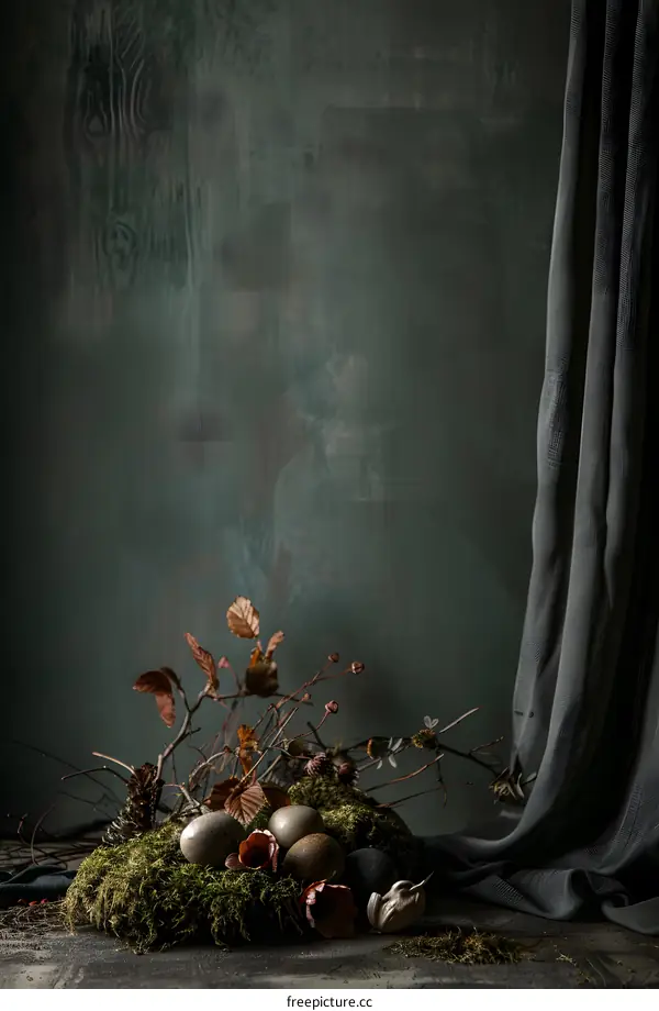 Easter Eggs in a Nest with Dried Flowers and Moss