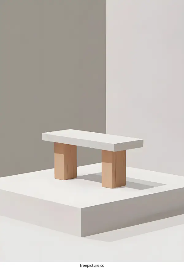 Simple White Bench with Wooden Legs on a White Platform