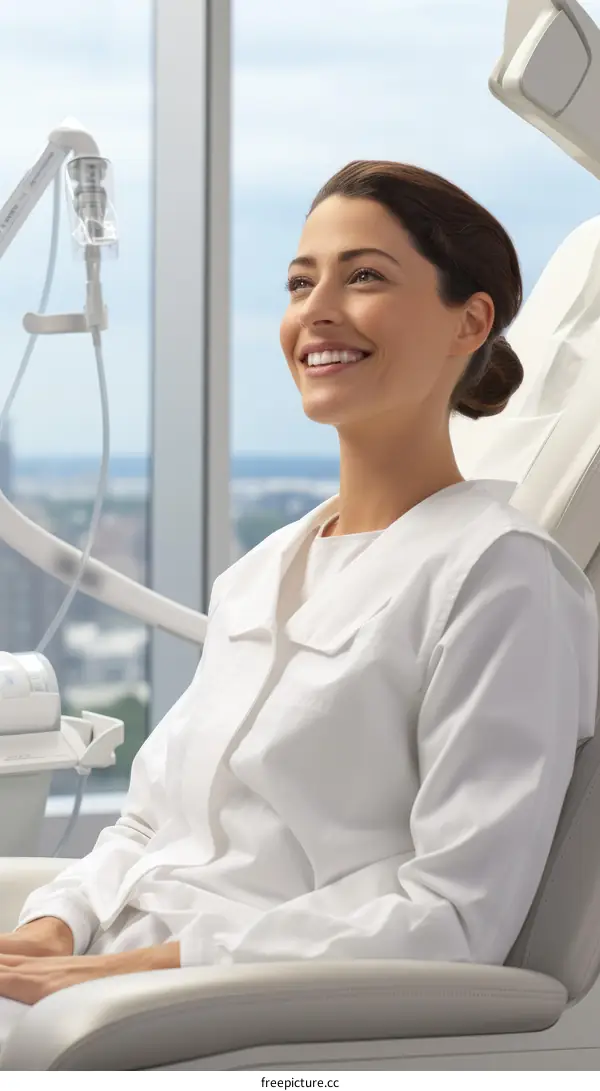 Confident woman smiling while sitting in dentist chair