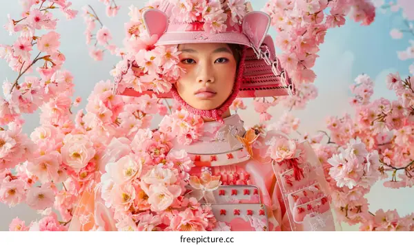A woman wearing a pink samurai armor with cherry blossoms
