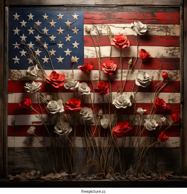 American flag made of red and white roses