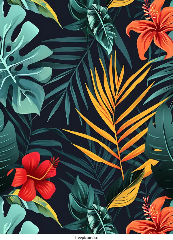 Tropical Leaves and Flowers Seamless Pattern Illustration