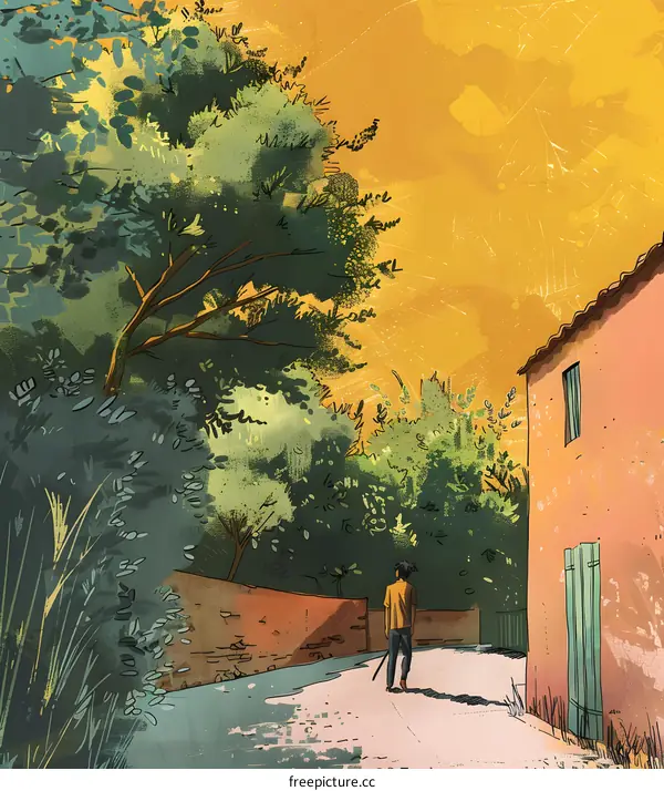 A Man Walking Down A Path Through A Summer Landscape