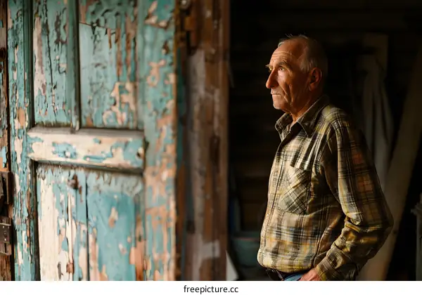 Portrait of an old man in a plaid shirt