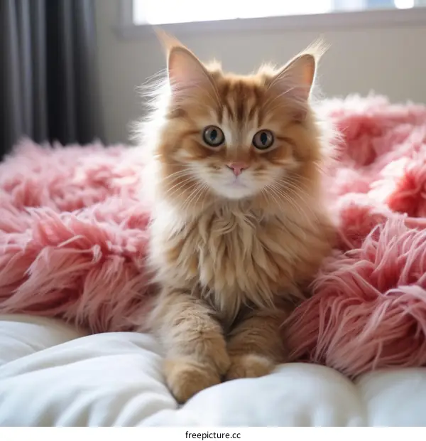 Cute Ginger Kitten Relaxing on a Pink Blanket