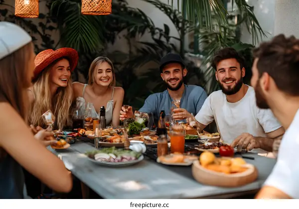 Group of Friends Enjoying a Meal Together in an Outdoor Setting