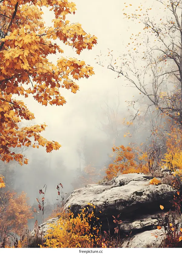 Autumn Forest Landscape with Fog and Golden Leaves