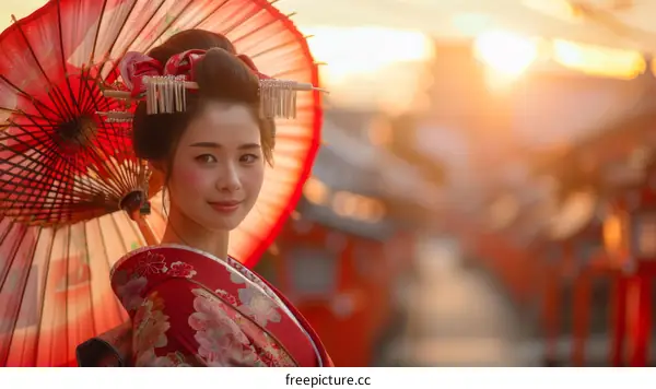 Portrait of a Japanese woman in traditional clothing, holding a red umbrella.