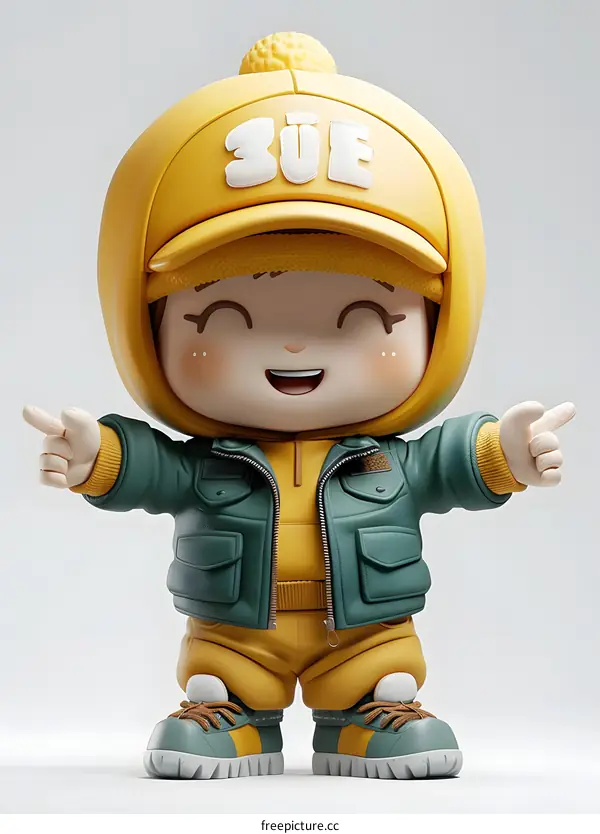 3D cartoon character of a boy in a yellow hat and green jacket