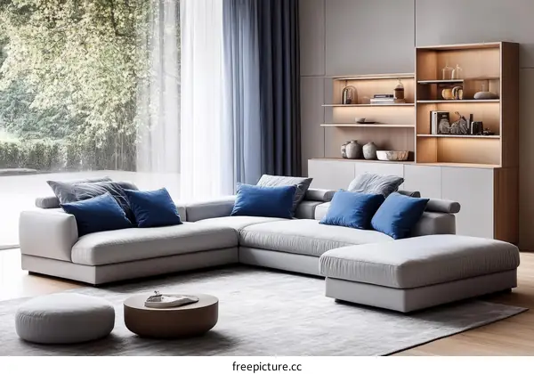 Modern Gray Sectional Sofa with Wooden Bookcase