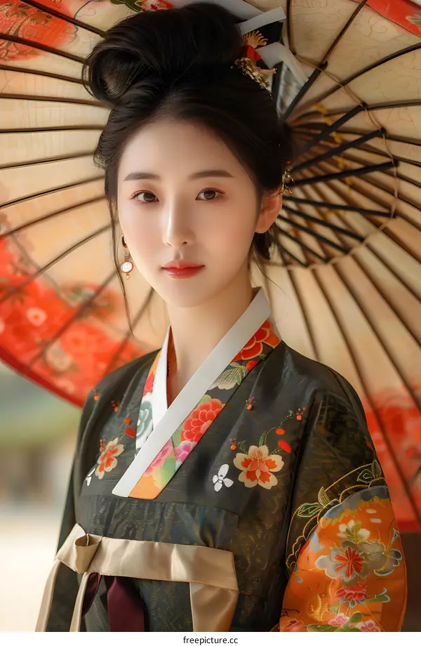 Portrait of a beautiful Asian woman in traditional Korean dress, holding a parasol.