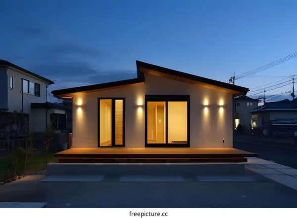 Modern House with Wooden Deck and Warm Lighting in Twilight