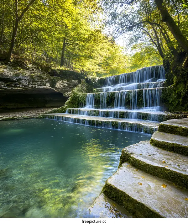 Waterfall in the Forest with Stone Steps