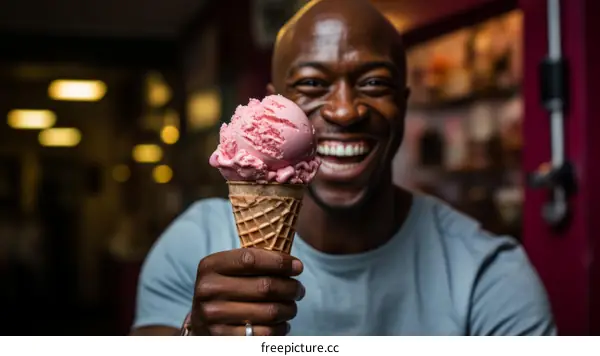 A bald man with a big smile on his face holds up an ice cream cone