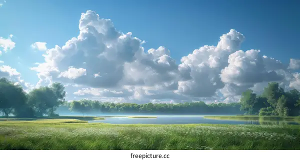 Serene Lake with Green Fields and Blue Sky