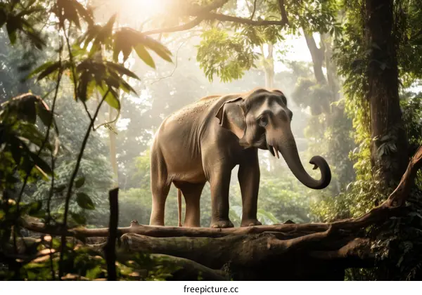 Elephant Standing on a Log in a Lush Green Jungle