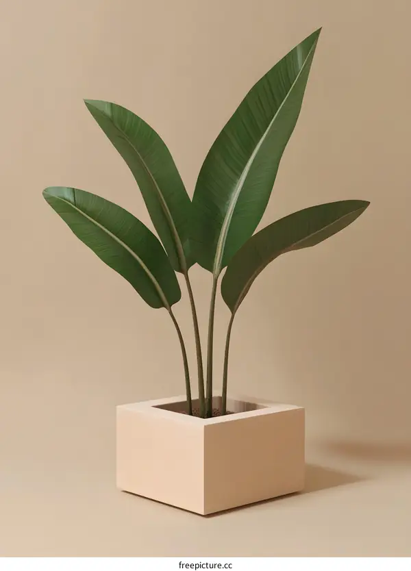 Minimalist Green Plant in Beige Pot on Beige Background
