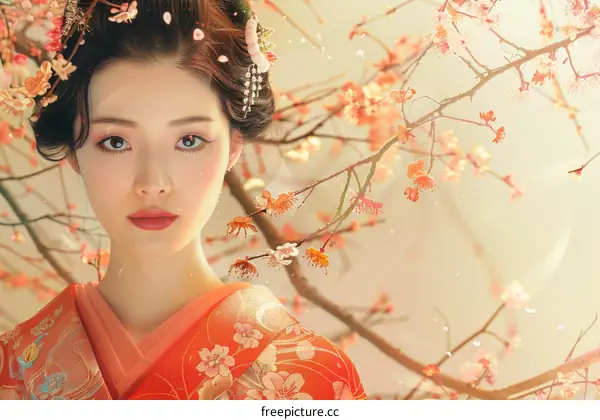 Portrait of a beautiful Japanese woman in traditional kimono with cherry blossoms